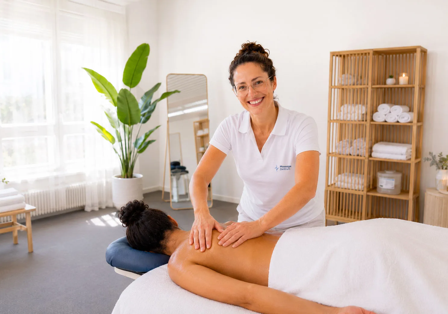 Massagebehandlung durch eine ausgebildete Therapeutin in einer hellen Praxis